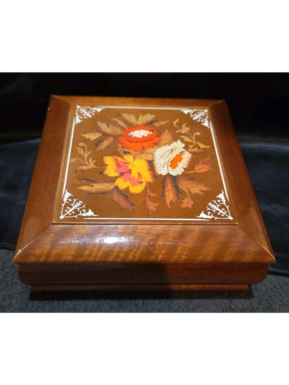 Wood Jewelry Box Painted Flowers 1970s Mirror Retro 7" Square Vintage